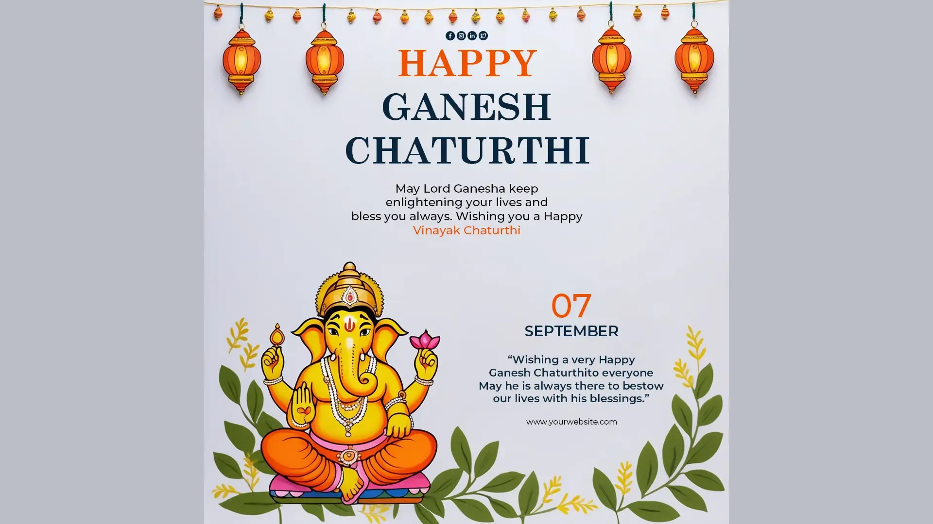 Happy Ganesh Chaturthi Instagram Post with Traditional Lanterns and Greenery